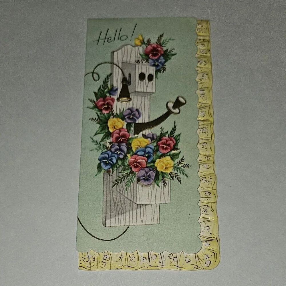 VTG Hello Best Wishes Embossed Greeting Card Scalloped Flowers NEVER USED